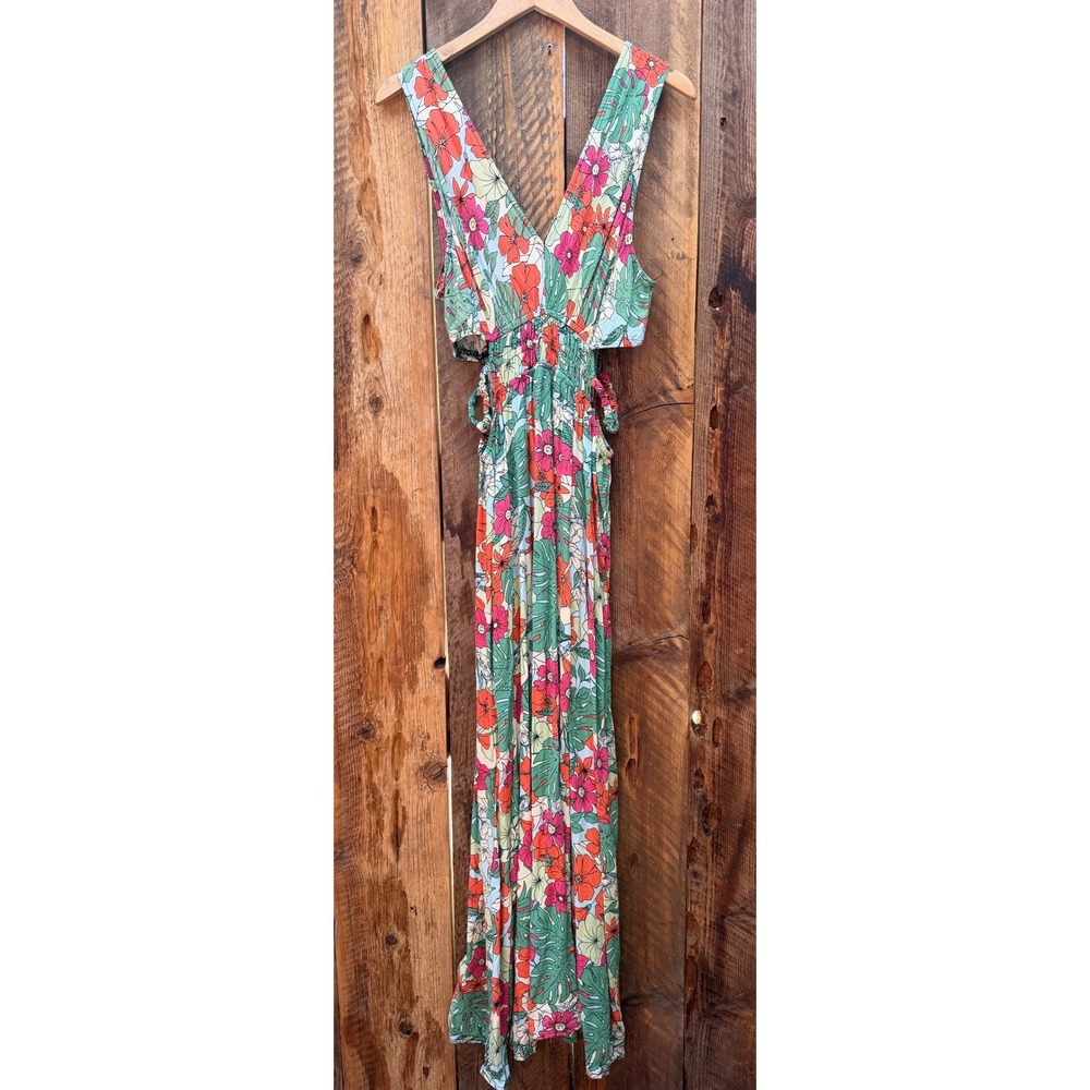 Tropical‎ Floral Cutout Maxi Dress Womens L Resort Vacation Hawaiian Beach Boho